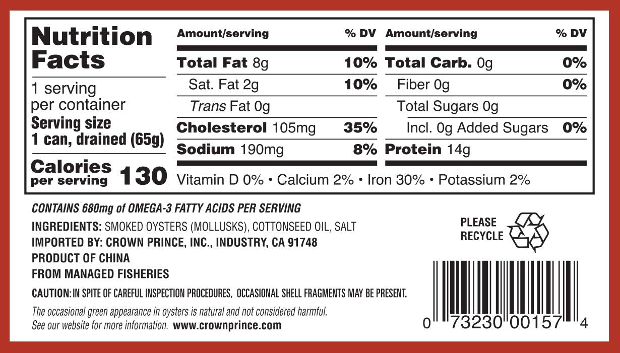 Ocean Prince Cocktail Smoked Oysters in Cottonseed Oil, 3-Ounce Cans (Pack of 12)