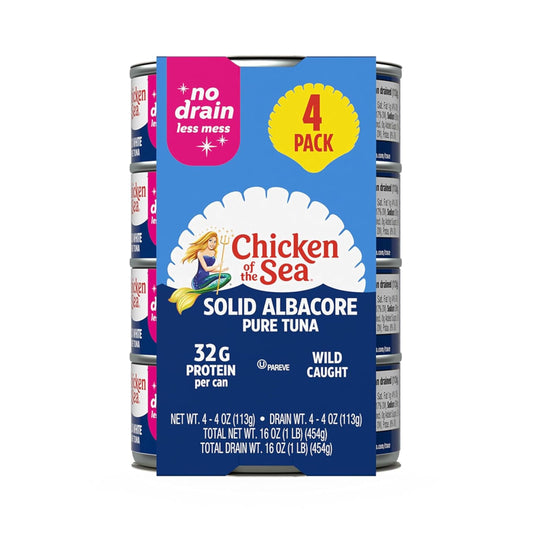 Chicken of the Sea Wild Caught Solid White Pure Albacore, No Drain, 4 oz Cans, 4-Count – High Protein 100% Classic Tuna in No Drain Can for Less Mess – Delicious, Easy, Nutritious Ready to Eat Meals