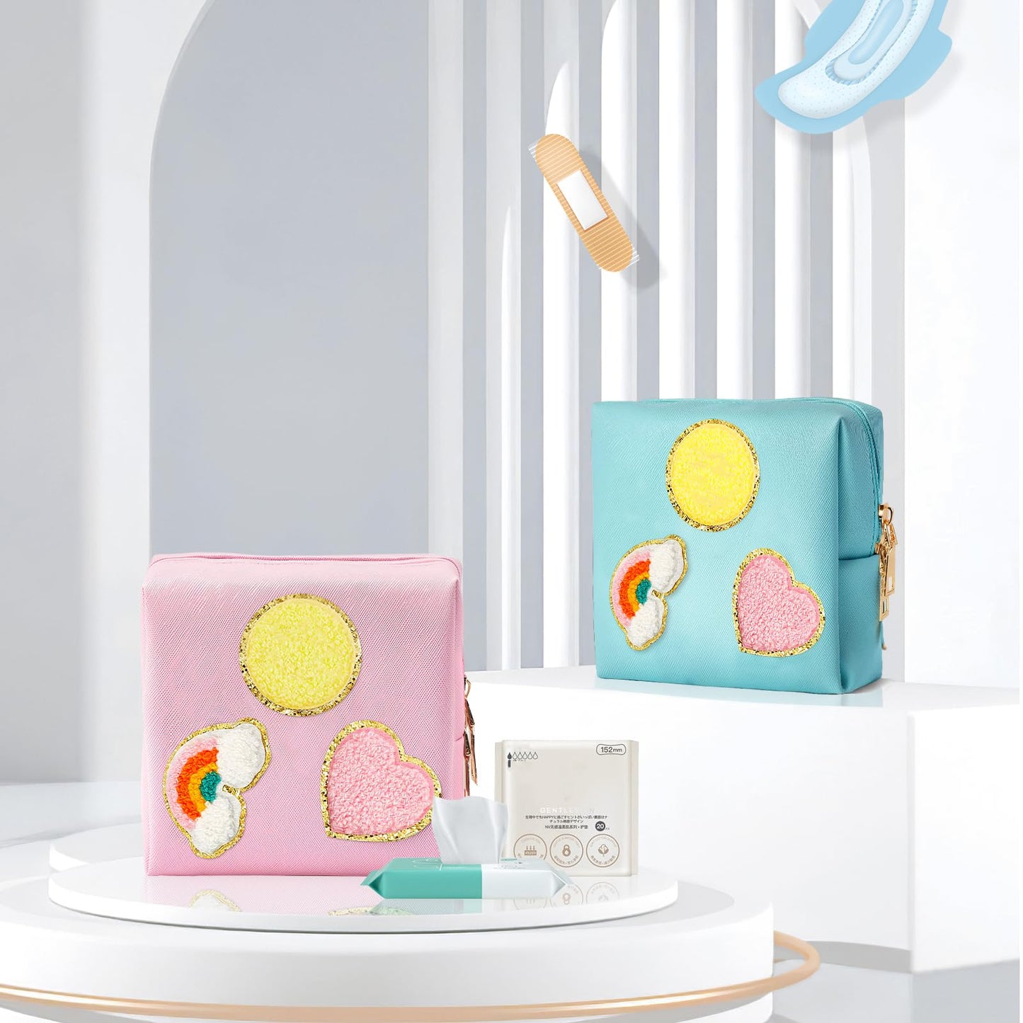 2 Pack Period Bag, PU Leather Sanitary Napkin Storage Bag for Feminine Pads Liners Tampons and Reusable Pads,Functional Sanitary Pads Pouches First Period Kit for Women Ladies Gift