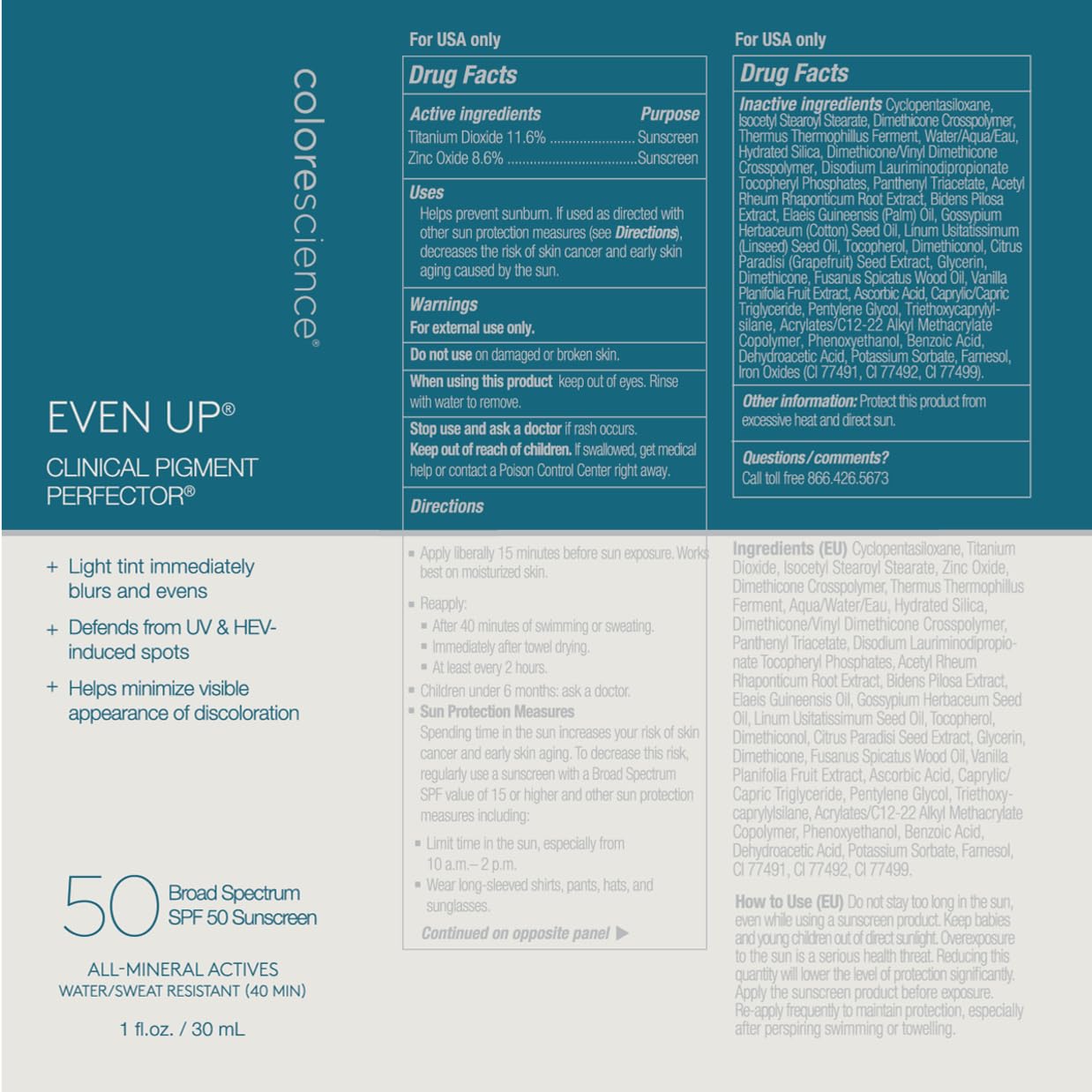 Colorescience Even Up Clinical Pigment Perfector, Water Resistant, Mineral Facial Sunscreen & Primer, Broad Spectrum 50 SPF UV Skin Protection, 1 Fl Oz