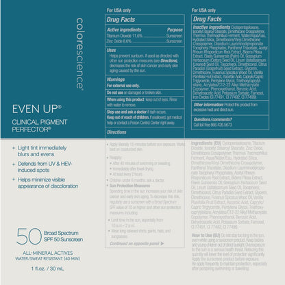 Colorescience Even Up Clinical Pigment Perfector, Water Resistant, Mineral Facial Sunscreen & Primer, Broad Spectrum 50 SPF UV Skin Protection, 1 Fl Oz