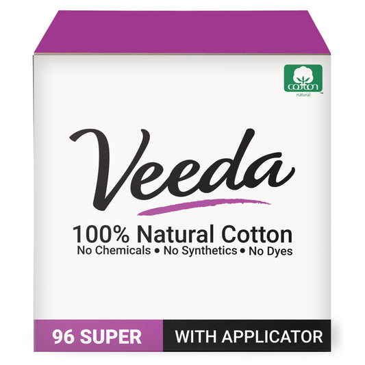 Veeda 100% Natural Cotton Tampons - Super Absorbency with Leak Proof Protection - Compact BPA-Free Applicator - Unscented & Free from Chlorine, Toxin - 96 Count