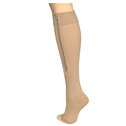 NuVein Medical Compression Stockings, 15-20 mmHg Support, Zipper Opening, Knee Length, Closed Toe, Beige, Medium
