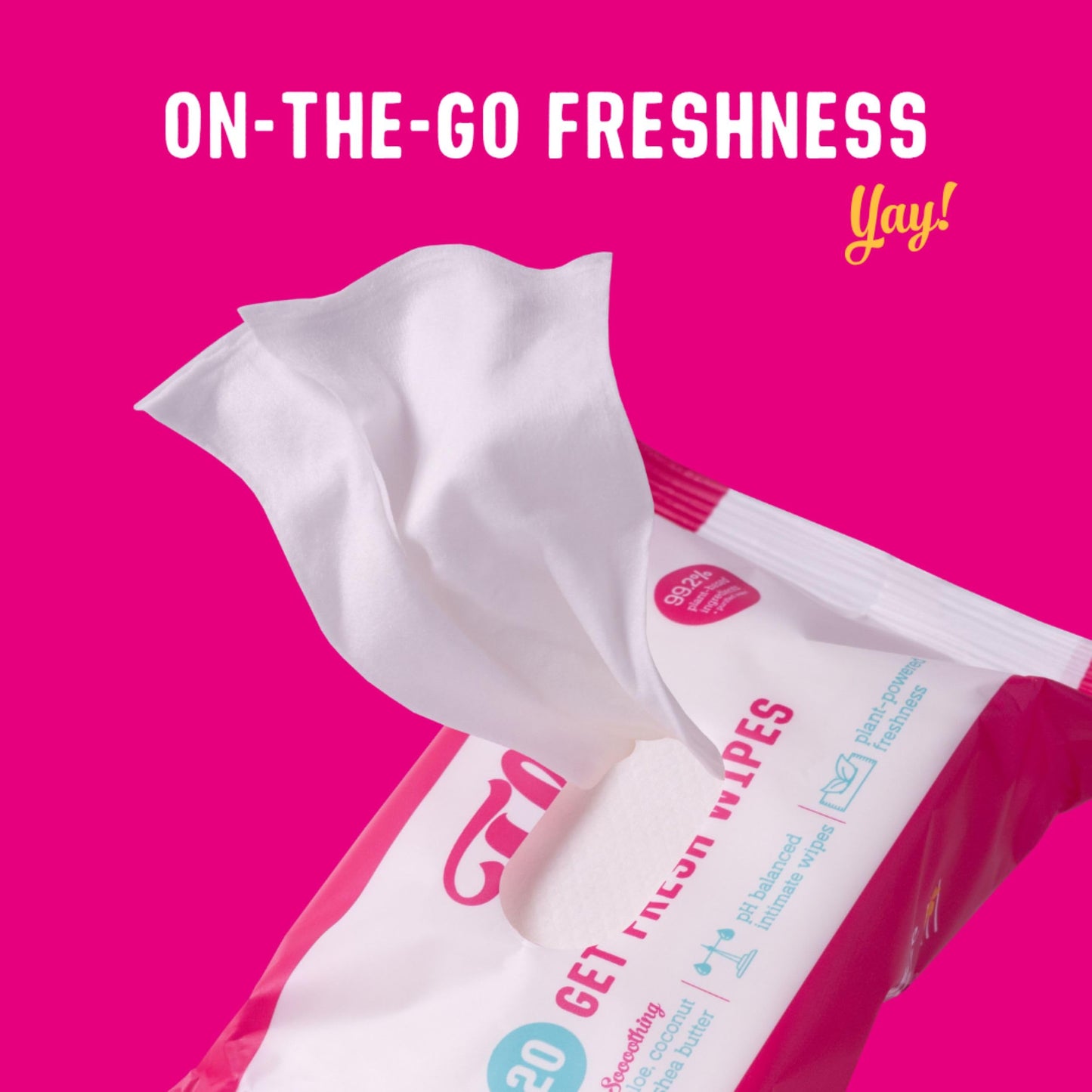 Flo - Get Fresh Wipes (20 Count, Pack of 1) pH Balanced Feminine Wipes - Super Soft - Soothing Aloe Vera, Coconut, Shea Butter - Sensitive Skin Friendly - Made with Plant Cellulose - Vegan Friendly