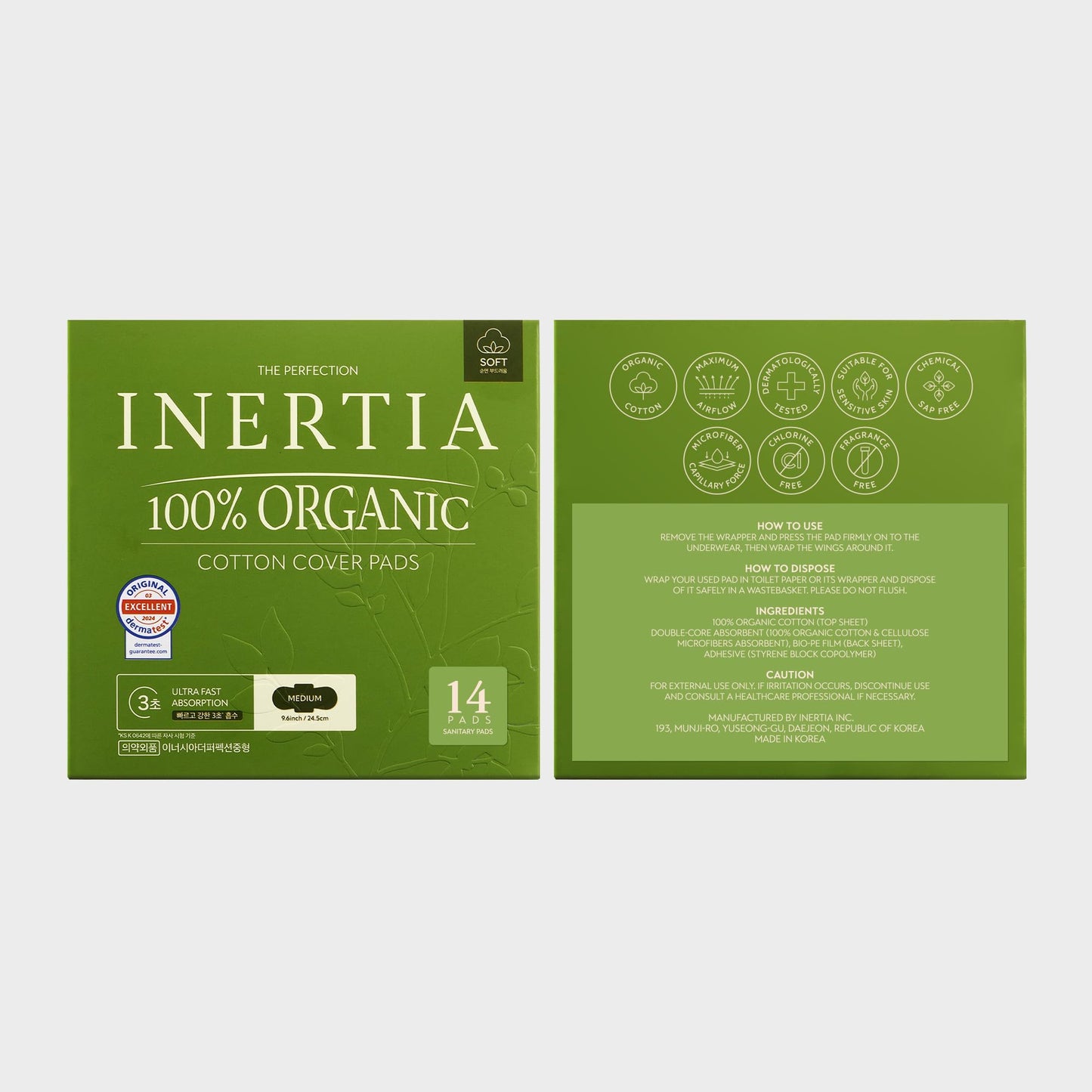 INERTIA The Perfection Green Bundle (Regular 14 Count, Super 12 Count) – 100% Organic Cotton Korean Pads with Wings, Ultra Fast Absorption & Breathable Bio-Film, Leak-Proof & Hyperallergic, Women