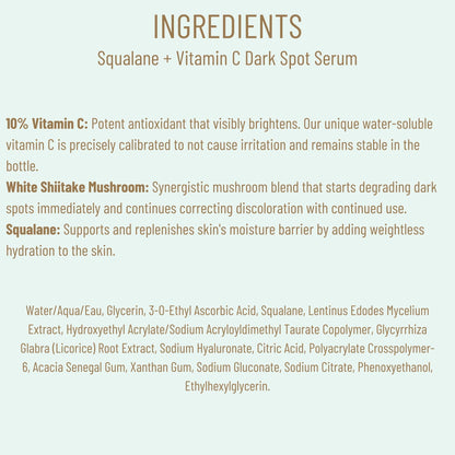 Biossance Squalane + Vitamin C Dark Spot Face Serum – 10% Vitamin C Serum & White Shiitake – Hydrating, Fragrance-Free, Non-Irritating, for Daily Use for All Skin Types