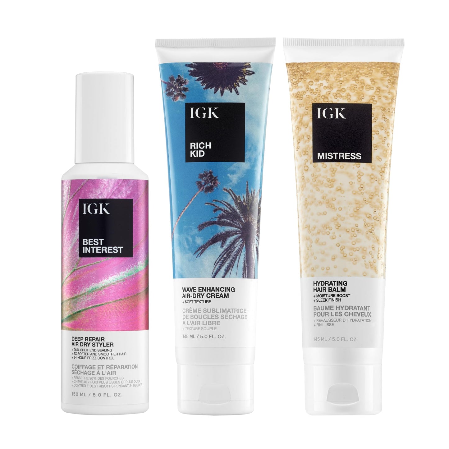 IGK Best Interest Deep Repair Air-Dry Styler + Rich Kid Coconut Oil Gel + Mistress Hydrating Hair Balm – Hydration, Frizz Control & Heat-Free Styling Trio