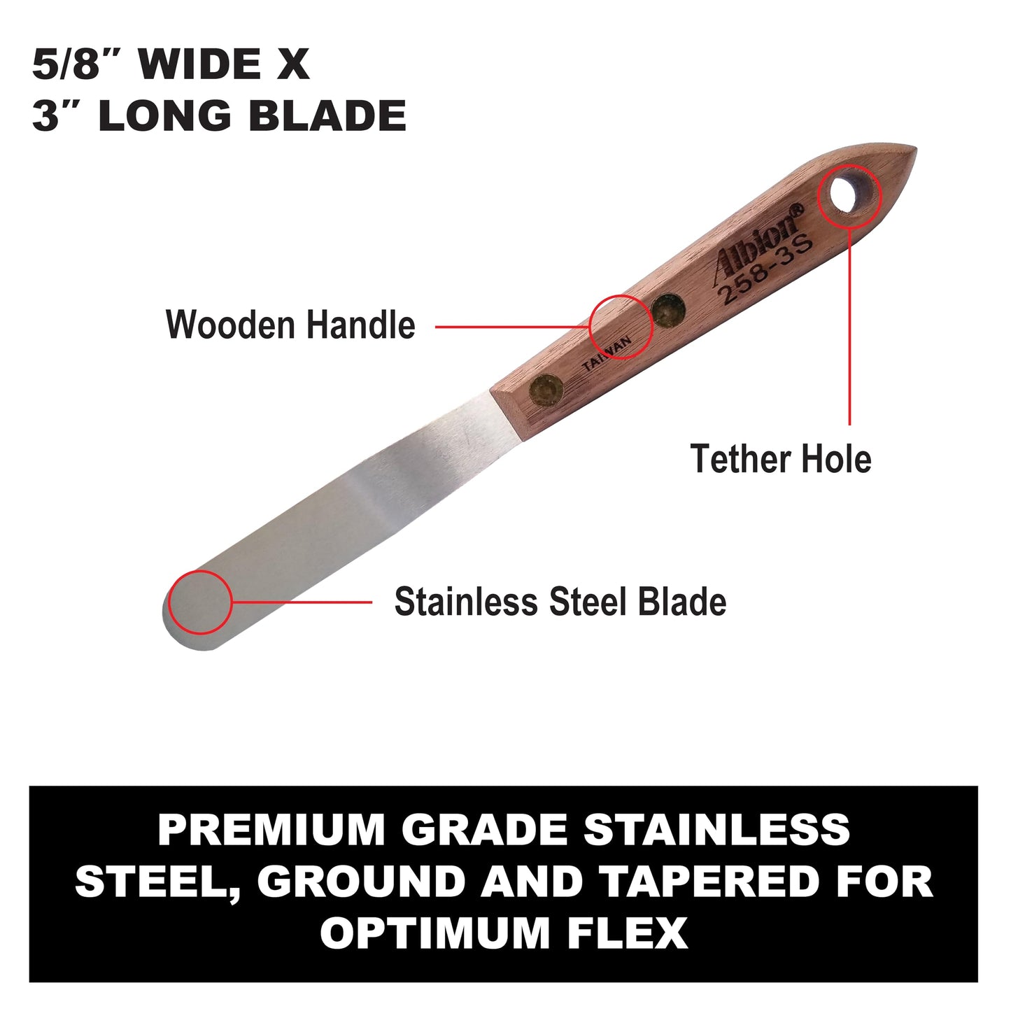 Albion Engineering Company 258-3S Classic Spatula, Stainless Steel, Hardwood Handle, 5/8" Wide Tip x 3" Long Blade