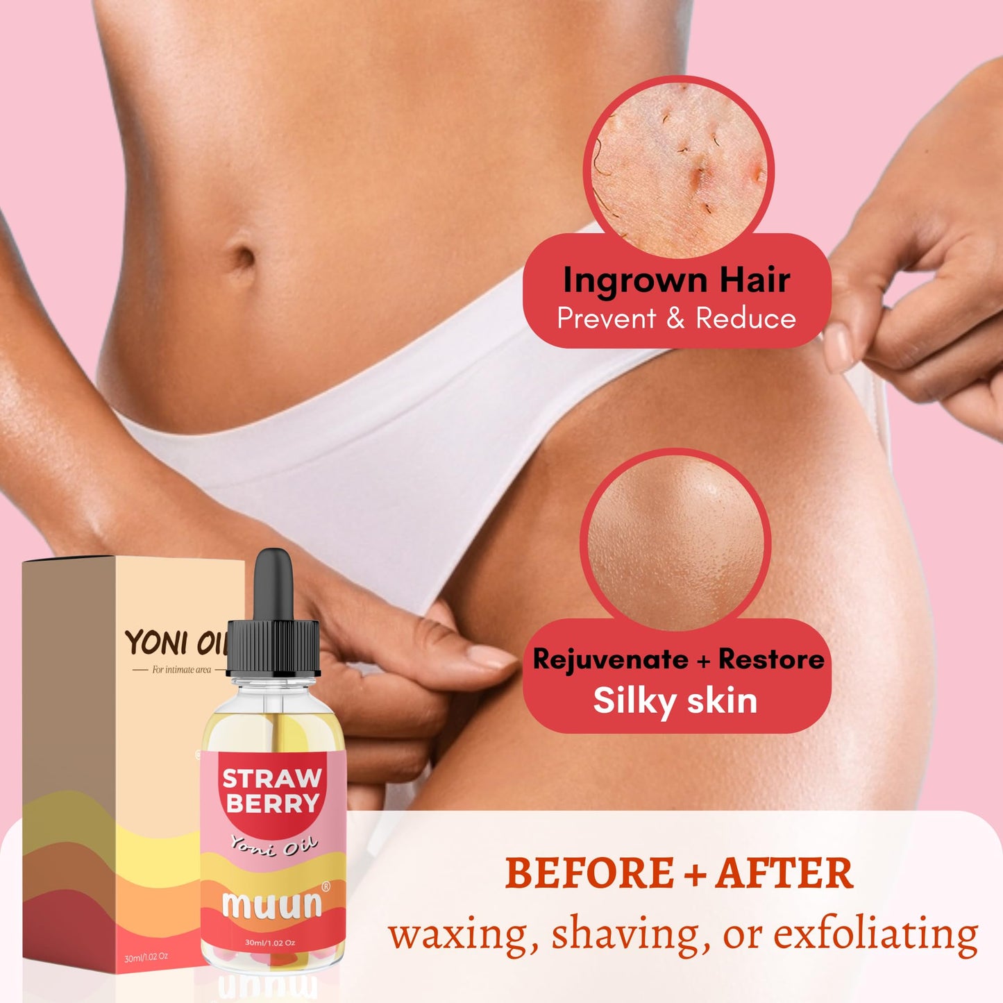 Muun Yoni Oil for Dryness, After Shave Oil Ingrown Hair, Moisturizer & Nourishing Intimate For Women, Soft & Smooth Feminine Oil, 100% Natural, Strawberry Scent