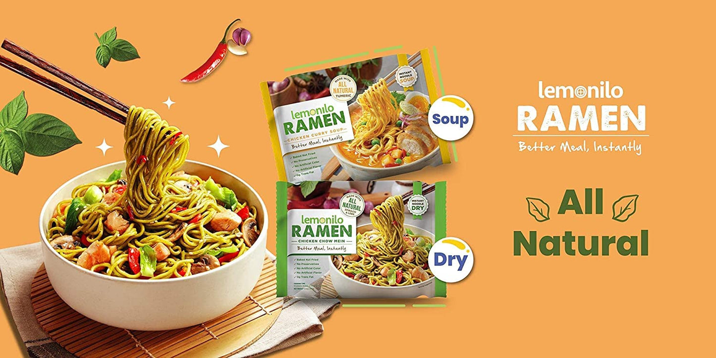 Lemonilo Ramen - Chick'n Curry Soup - Healthy Instant Ramen - Oven-Baked Noodles with Tumeric - Made with All-Natural Ingredients - Quick Meal Kit (2.57 Oz) - Pack of 6