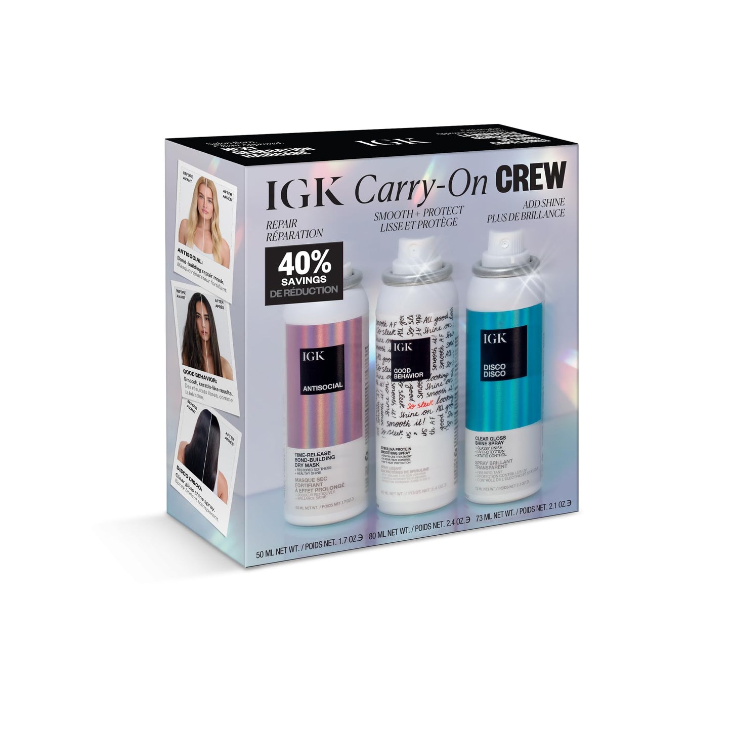 IGK Must Have Travel Kit Holiday 2025 – Includes GOOD BEHAVIOR Smoothing Spray, DISCO DISCO Shine Spray & ANTISOCIAL Dry Hair Mask – TSA Approved Travel Size Hair Essentials