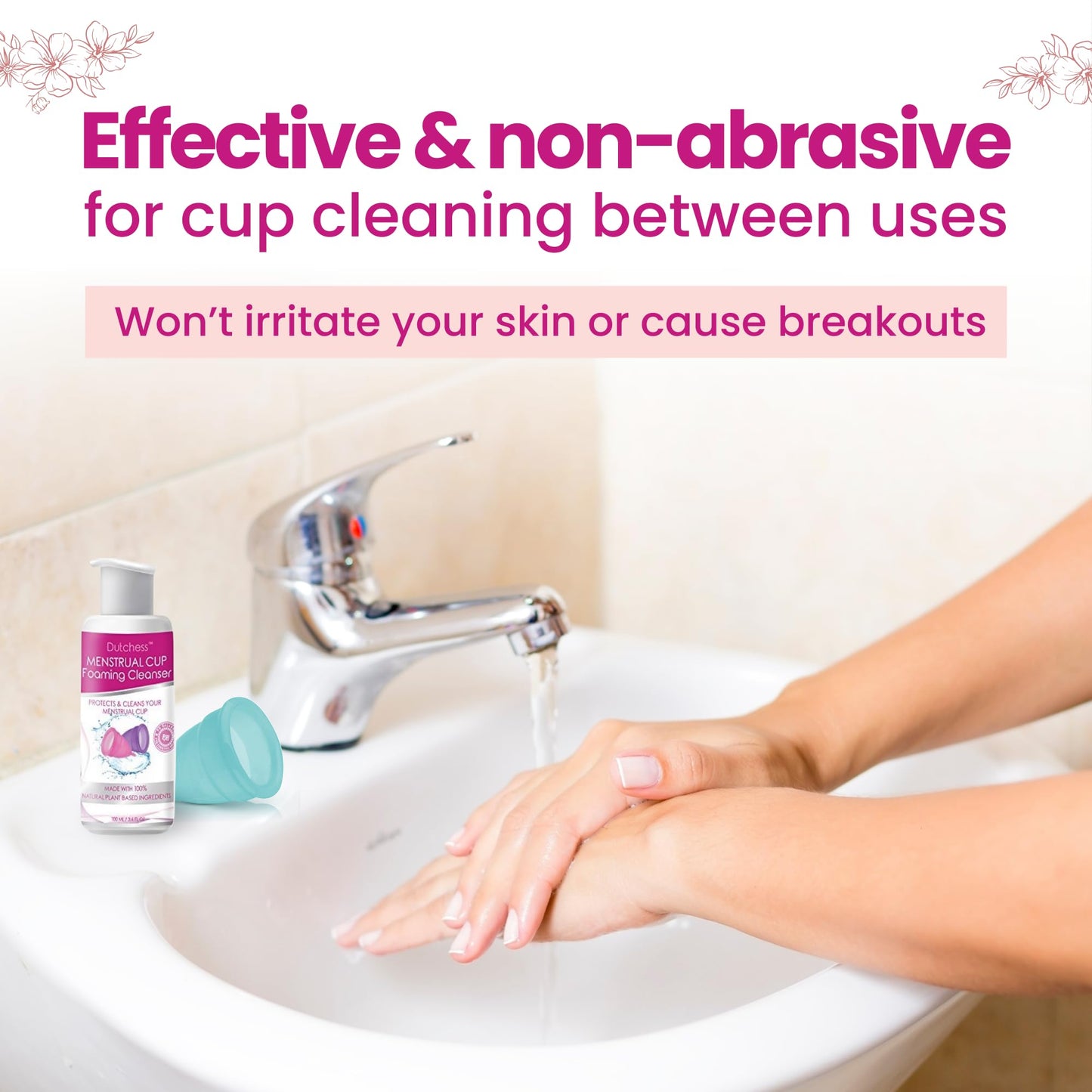 DUTCHESS Foaming Menstrual Cup Cleanser & Feminine Wash (3.4 oz), pH Balanced Plant Based Ingredients, Safe for Silicone Feminine Care Period Cups & Discs