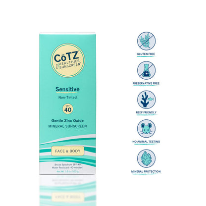 COTZ Sensitive Non-Tinted Zinc Oxide Mineral Sunscreen for Body and Face; Broad Spectrum SPF 40; 3.5 oz / 100 g