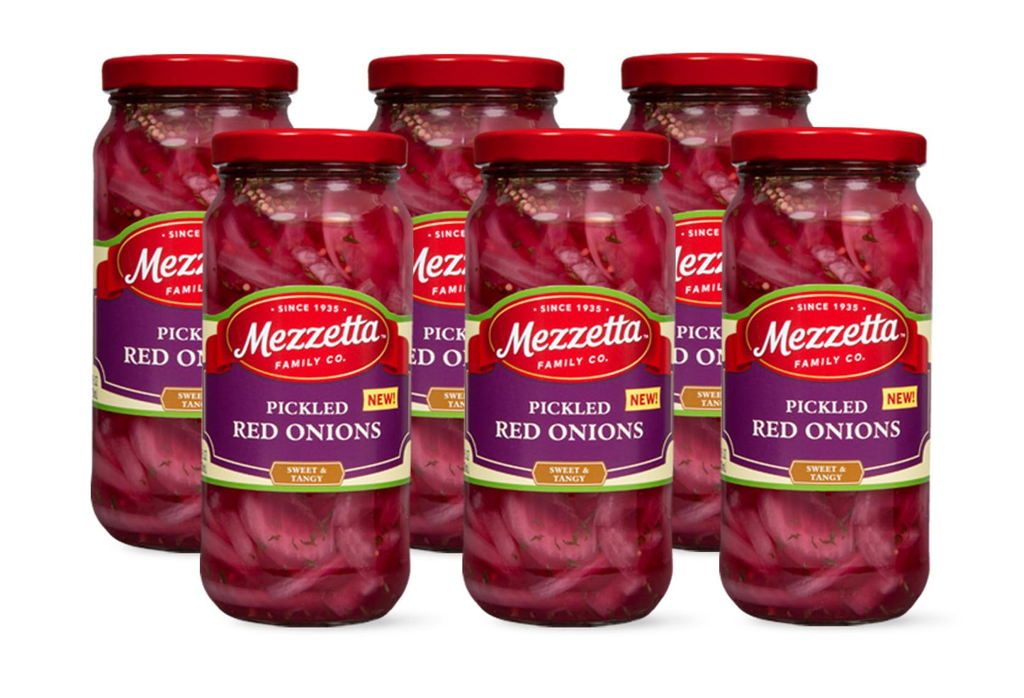 Mezzetta Pickled Red Onions in Jar - Tangy & Sweet Crunch - Perfect for Salads, Sandwiches & Culinary Creations - Vinegar & Seasonings Blend - Vibrant Color - 16 Oz - Pack of 6