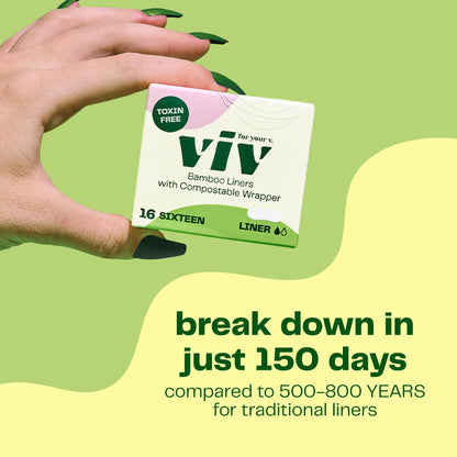 Viv for Your V Bamboo Organic Panty Liners for Women | Soft, Thin, Absorbent Sanitary | Incontinence Pads for Women No Wings | Unscented, Earth-Friendly (16 Pack)