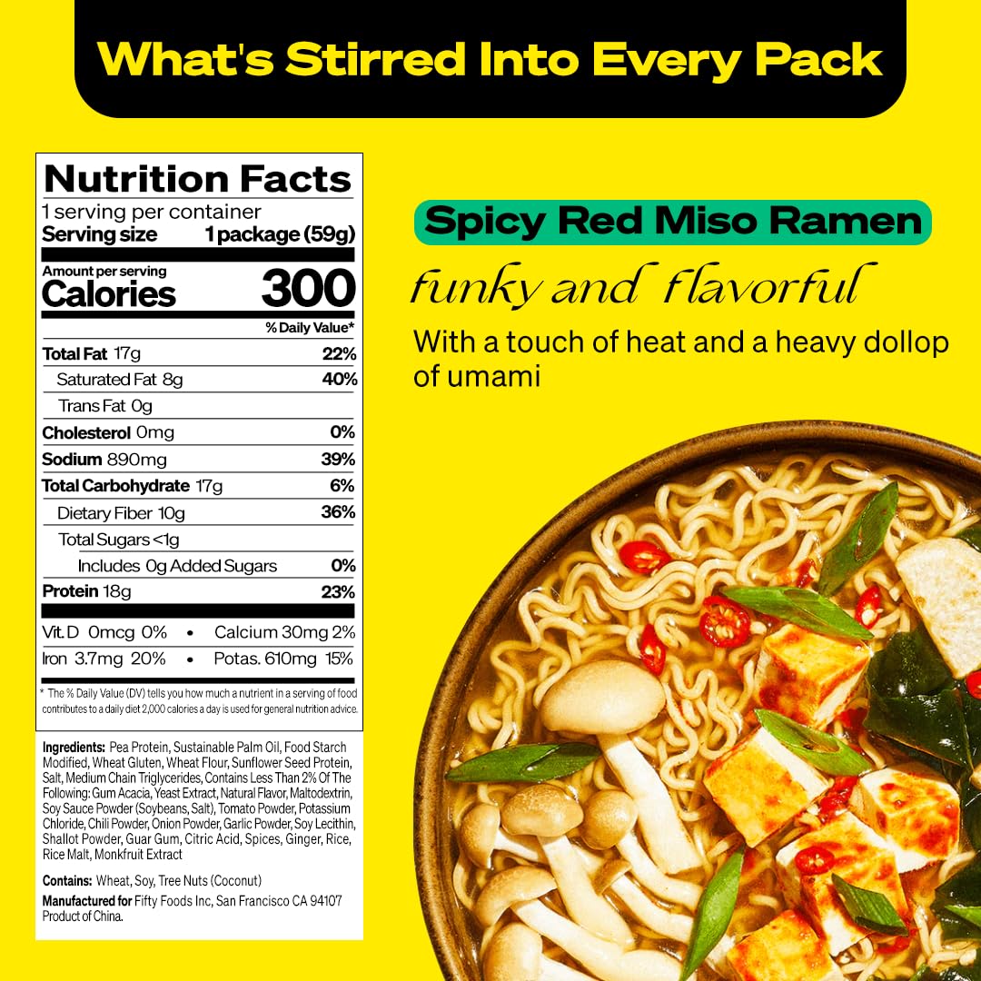 immi Spicy Red Miso Ramen Cup Noodles - 18g Plant-Based Protein, 8g Net Carbs, Keto Friendly, High Protein, High Fiber, Ready to Eat, 6 Pack