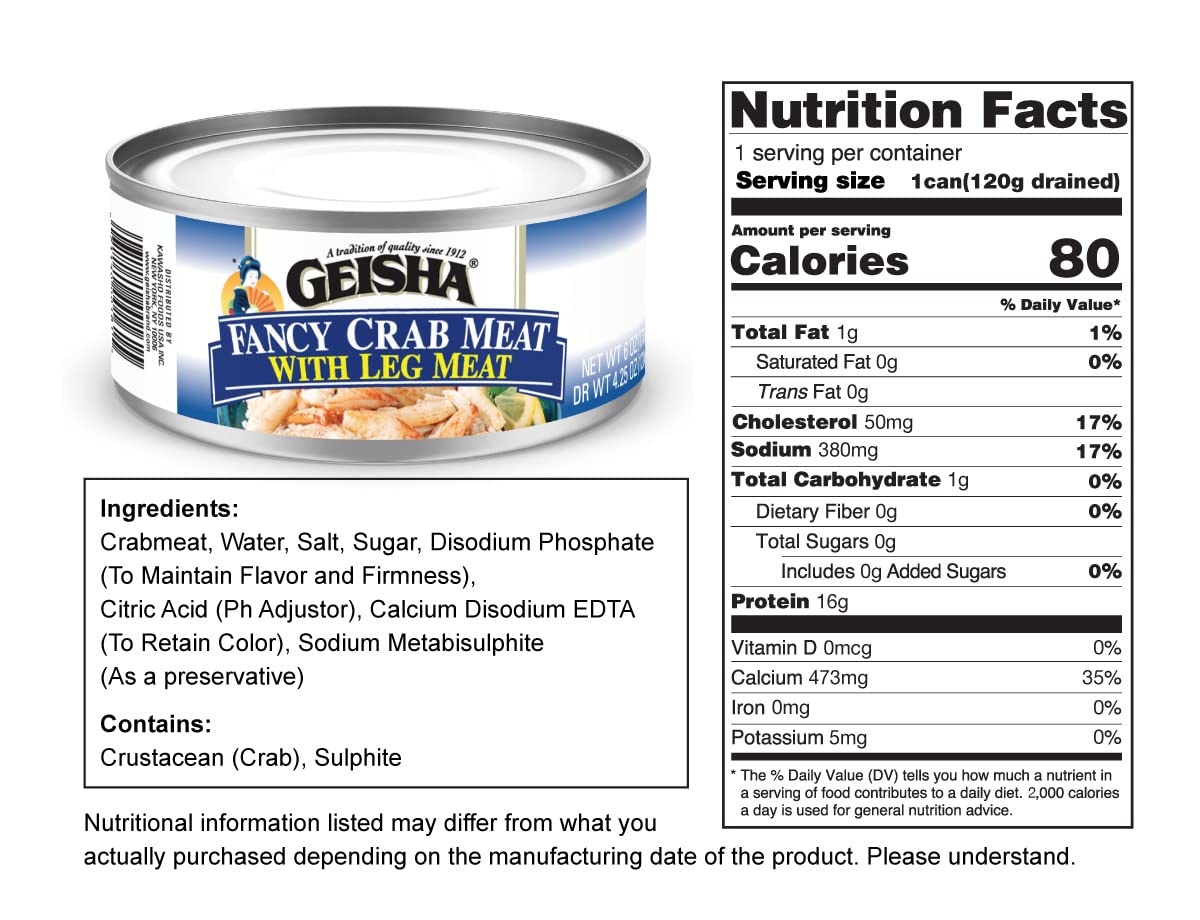GEISHA Fancy Crab Meat with Leg Meat 6OZ. (Pack of 12), Swimming Crab| Hand Packed － Good Source of Protein － Wild Caught －15% of Leg Meat