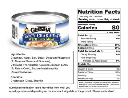 GEISHA Fancy Crab Meat with Leg Meat 6OZ. (Pack of 12), Swimming Crab| Hand Packed － Good Source of Protein － Wild Caught －15% of Leg Meat