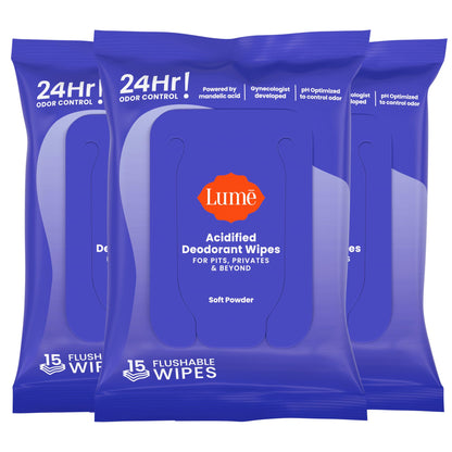 Lume Acidified Deodorant Wipes - 24 Hour Odor Control - Whole Body Deodorant Wipes - Aluminum Free, Baking Soda Free, Skin Loving - Flushable - 15 Count - 3 Pack (Soft Powder)