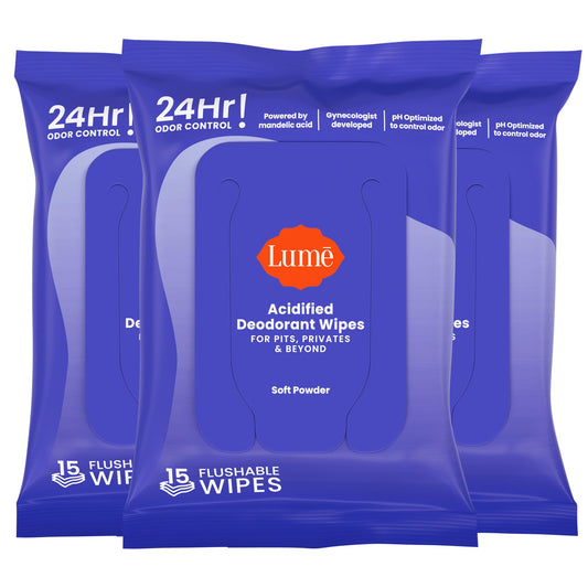 Lume Acidified Deodorant Wipes - 24 Hour Odor Control - Whole Body Deodorant Wipes - Aluminum Free, Baking Soda Free, Skin Loving - Flushable - 15 Count - 3 Pack (Soft Powder)
