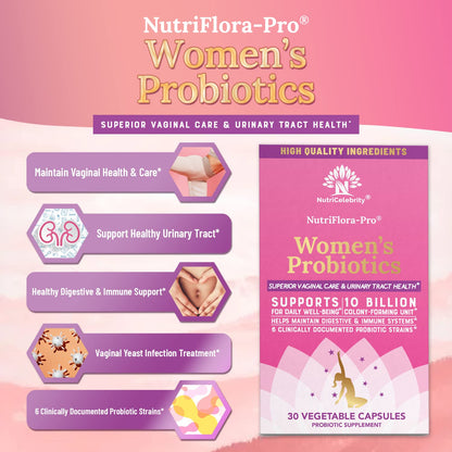 NutriCelebrity NutriFlora-Pro Probiotics for Women - Support Vaginal, Urinary Health (UTI), Digestive System, Period Pain, Yeast, and BV Relief, Cranberry Pills, 10 Billion CFU 6 Strains (30 Caps)