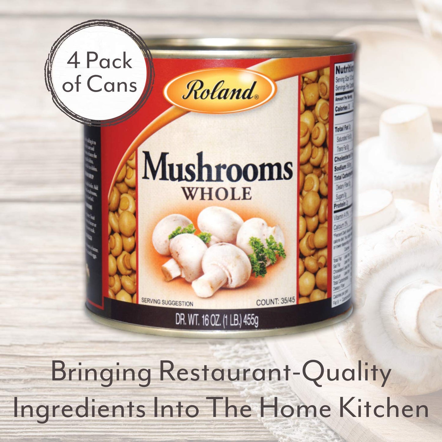Roland Foods Whole Medium Large Button Mushrooms, Specialty Imported Food, 16 Ounce Can, Pack of 4
