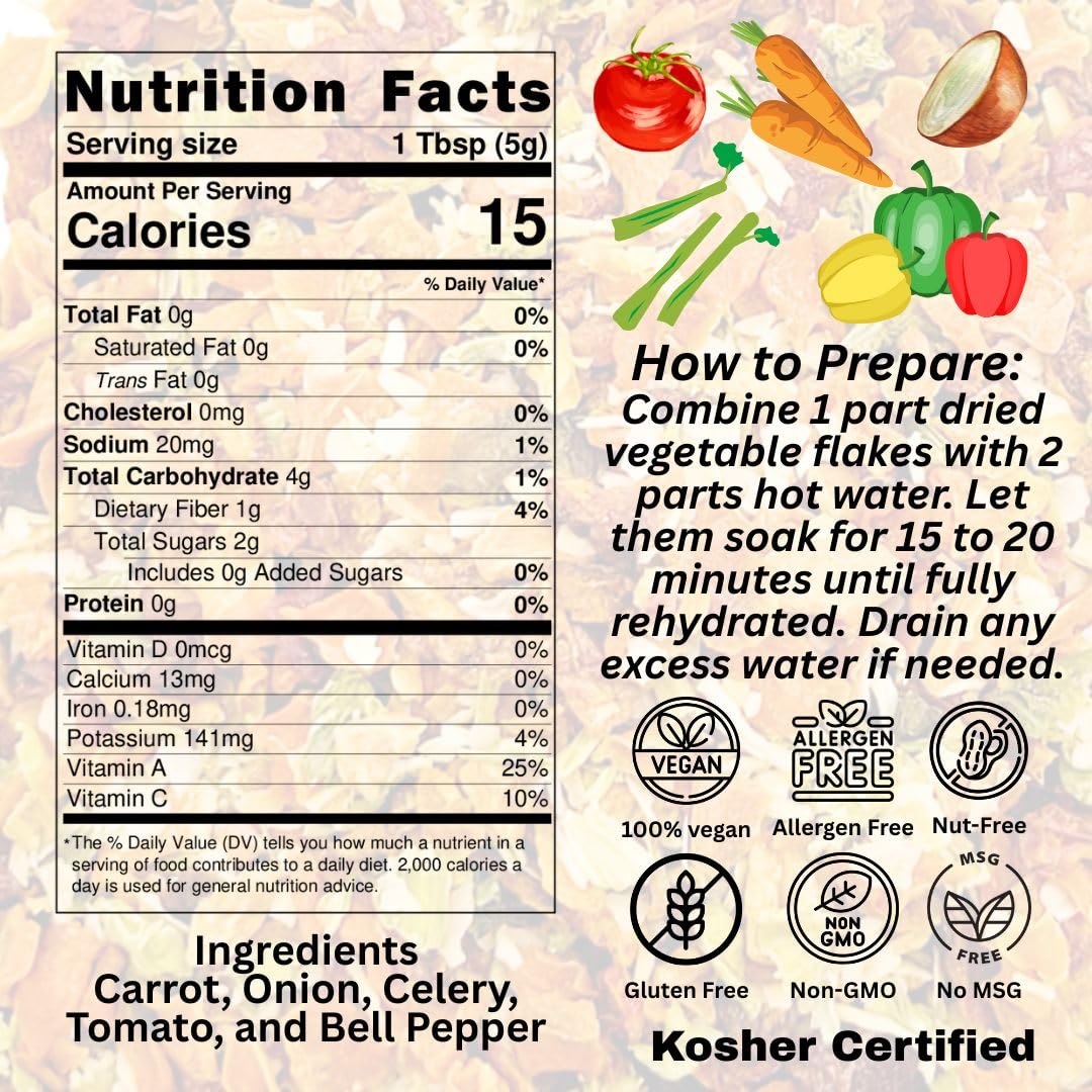 SavorSatch Dehydrated Mixed Dried Vegetable Flakes - 16oz Resealable Pouch | Bulk Pack | GMO-Free & Wheat Gluten-Free | Carrot, Onion, Celery, Tomato, Bell Pepper | No Added Salt | Certified Kosher | Perfect for Soups, Stews, Ramen, Emergency Supply...