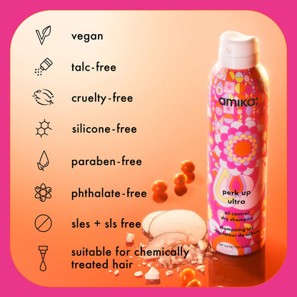 amika perk up ultra oil control dry shampoo | cleans + refreshes scalp + roots, absorbs + helps control oils, extends styles between washes, for all hair types with extra oily scalps