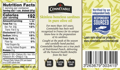 Sardines | Connetable | Sardines in Pure Olive Oil | Skinless Boneless | 4.375 Ounce | Pack of 12