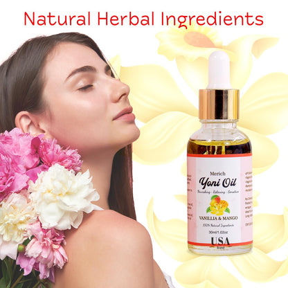 MERICH Natural Yoni Oil for Women | pH Balancing Vaginal Detox Oil, Vanilla & Mango | Rejuvenating Formula for Dark Spots & Ingrown Hair | Odor Eliminator & Gentle Cleansing Feminine Care | 1 oz