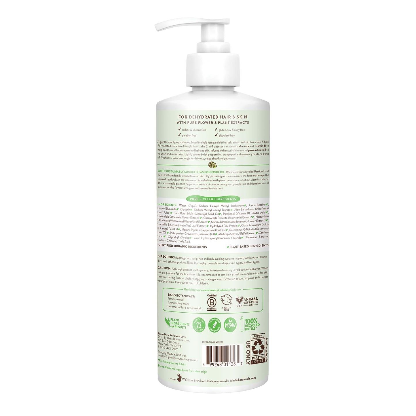 Babo Botanicals Swim & Sport Citrus Mint & Passion Fruit Shampoo & Wash - Purifying Cleanser for hair & body- Removes chlorine & sweat - For all ages - Scented with Citrus & Peppermint Essential Oils