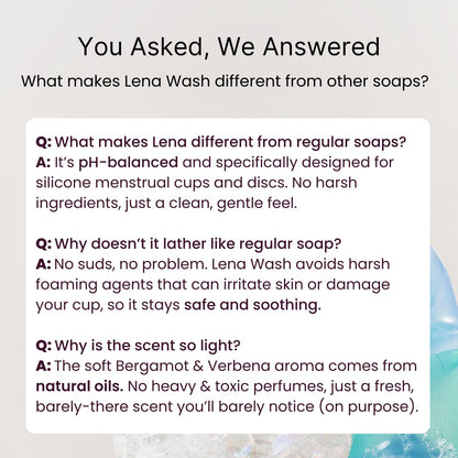 Lena Menstrual Cup Wash – Gentle, pH-Balanced Plant-Based Cleanser for Reusable Cups & Discs – Naturally Scented, TSA-Approved 90ml / 3oz