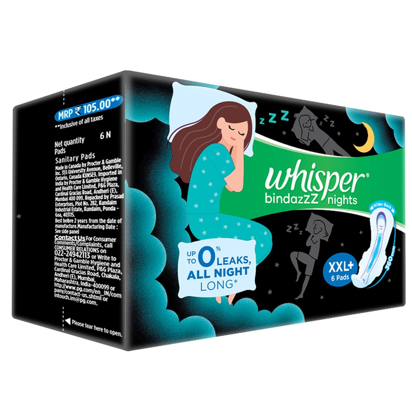 Whisper Ultra Night Sanitary Pads for Women, XXL+ 6 Napkins