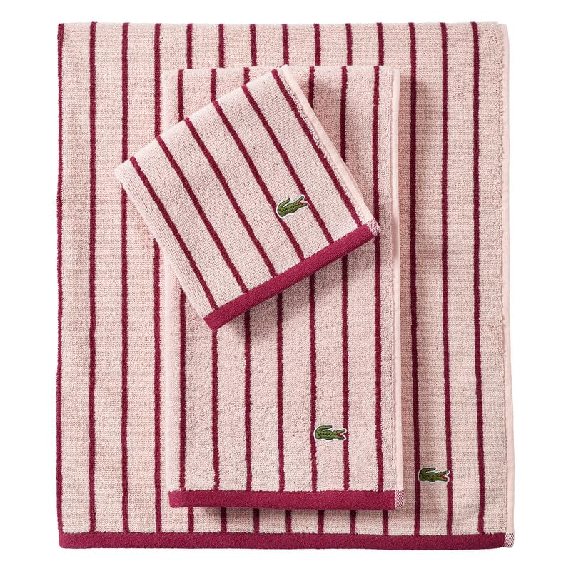Lacoste Centre Mark Towel — 100% Soft Cotton Jacquard Stripe Design, Lightweight, Absorbent & Durable, Quick Drying, Pink, 13"x13" Wash Cloth