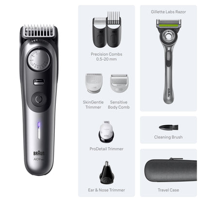 Braun Series 9 PRO All-in-One Beard & Body Grooming Kit for Men, Cordless Trimmer, Hair Clippers & Shaver for Face, Hair & Body with Gillette Labs Razor, AIO 9550