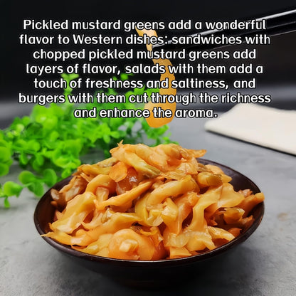 Chinese sichuan pickled mustard tuber greens, crisp and refreshing, perfect with rice. 70g*3, 210g (7.4 ounces) can be served with sandwiches, burgers, snacks, or fried rice