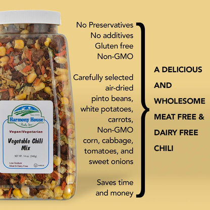 Harmony House Plain Vegetable Chili Mix – Gluten Free, Low Sodium, For Cooking, Camping, Emergency Supply & More (12.5 oz. Jar)