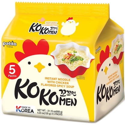 Korean Food Paldo KOKOMEN Instant Noodle, Chicken Flavored Spicy Soup Ramen, 4.23 oz x 5 Packs (Total 21.15 oz), Korean Style Instant Ramen
