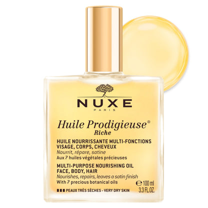 Nuxe Huile Prodigieuse Riche Nourishing Oil - Intense Hydration & Luxurious Radiant Glow for Face, Body & Hair, 3.3 Fl.Oz