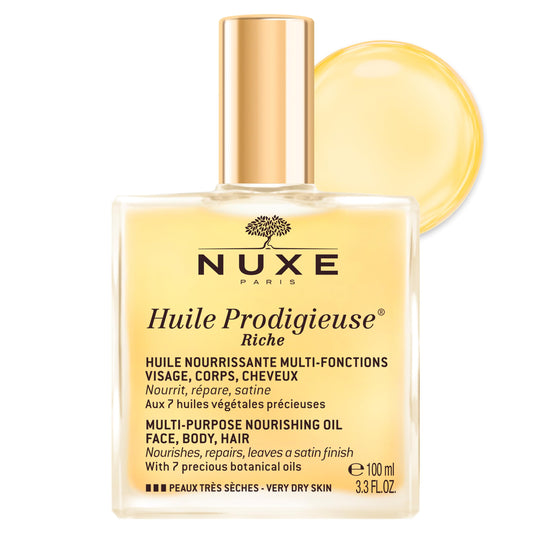 Nuxe Huile Prodigieuse Riche Nourishing Oil - Intense Hydration & Luxurious Radiant Glow for Face, Body & Hair, 3.3 Fl.Oz