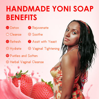 Yoni Soap Bars & Natural Yoni Oil Set, Natural Yoni Wash for Women Feminine Wash Deodorants pH Balance, Eliminates Odor, Strawberry Feminine Oil 30ml/1 oz, 2pcs 3.53 oz Bath Soap