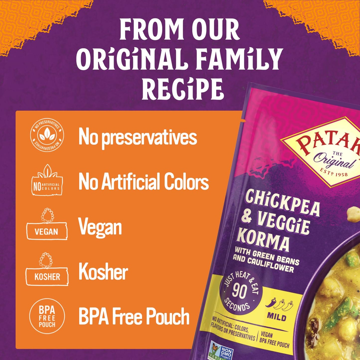 Patak’s Chickpea & Veggie Korma - Mild Creamy Coconut Based Indian Curry with Chickpeas, Green Beans & Veggies - Vegan Microwave Meal for Quick Dinners - Serve with Rice or Naan - 10.5oz (Pack of 3)
