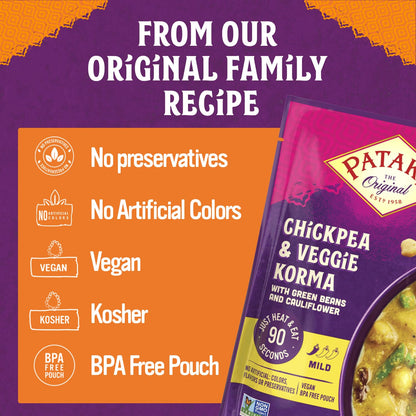 Patak’s Chickpea & Veggie Korma - Mild Creamy Coconut Based Indian Curry with Chickpeas, Green Beans & Veggies - Vegan Microwave Meal for Quick Dinners - Serve with Rice or Naan - 10.5oz (Pack of 3)