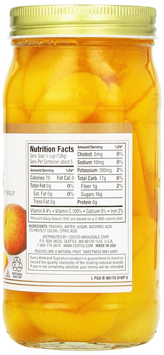Kirkland Signature Sliced Peaches, 24oz Glass Jar (Pack of 2, Total of 48 Oz)