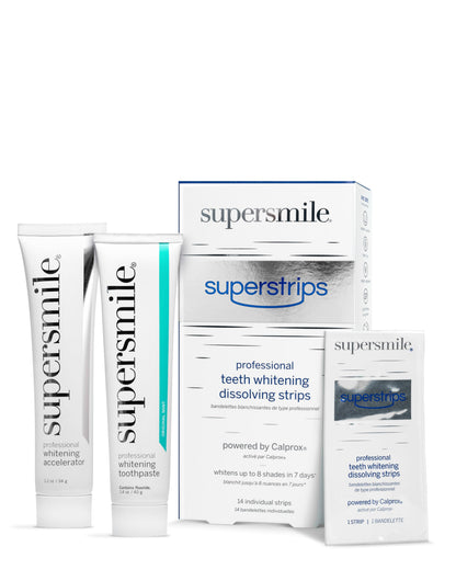Supersmile Whitening System – Toothpaste (1.4 oz) & Accelerator (1.2oz) & 14 Dissolving Whitening Strips – TSA Kits