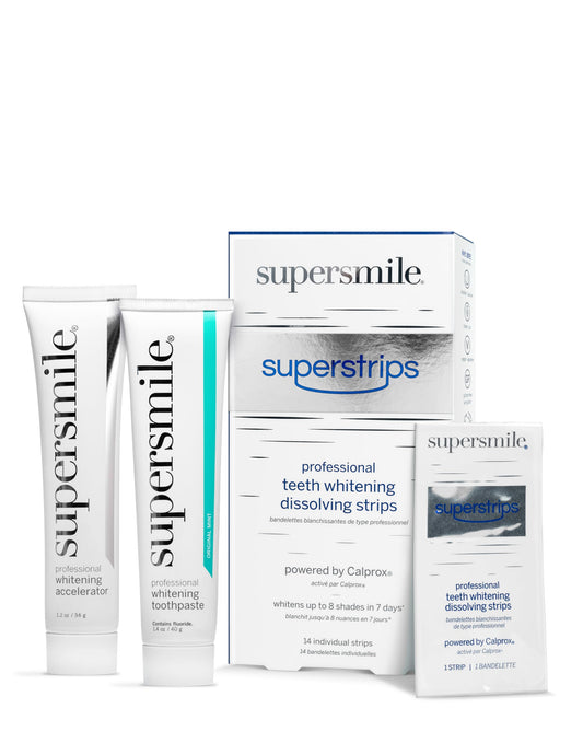 Supersmile Whitening System – Toothpaste (1.4 oz) & Accelerator (1.2oz) & 14 Dissolving Whitening Strips – TSA Kits