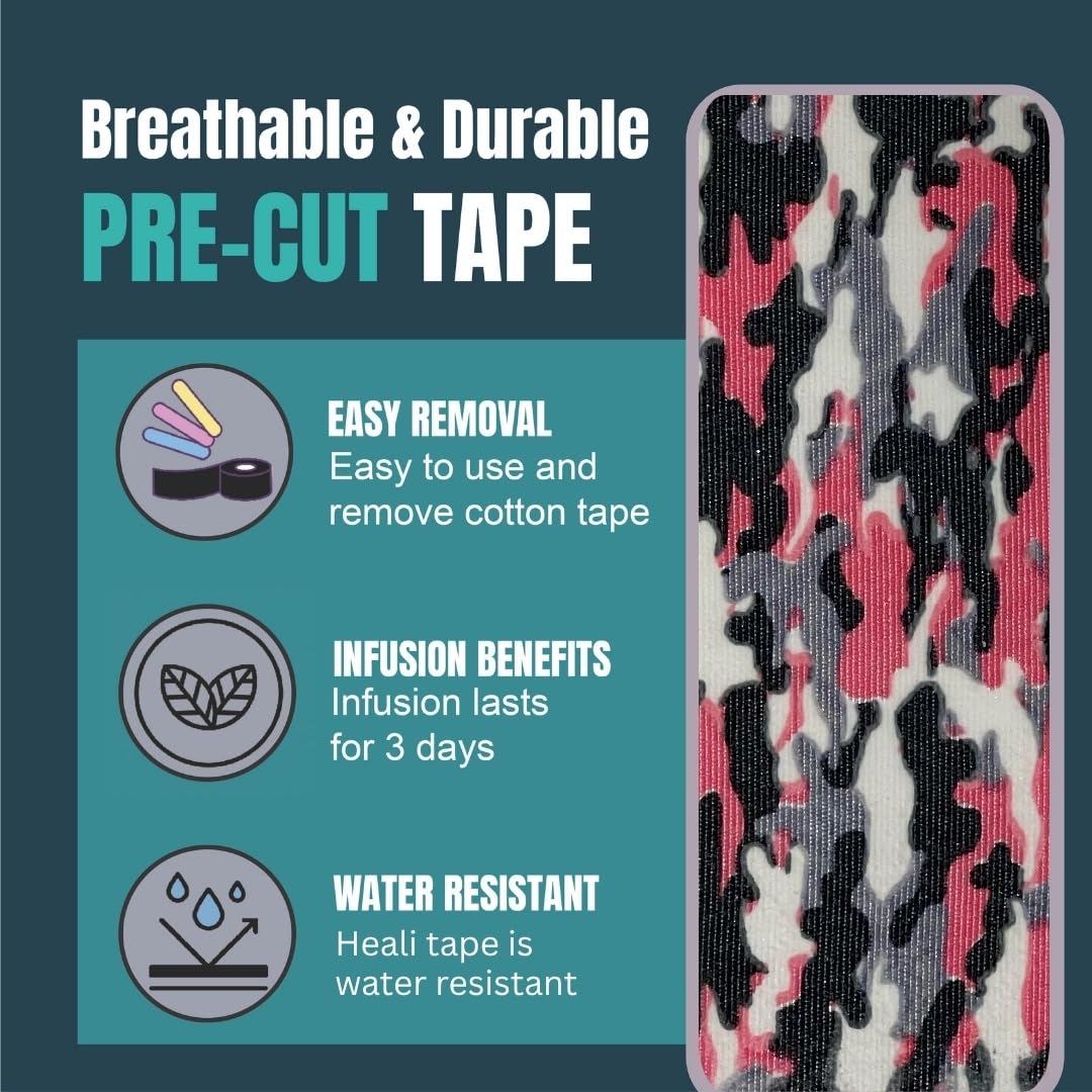 Heali Kinesiology Tape with Magnesium and Menthol, 20 Pcs Precut Strips, K Tape Roll, Knees, Sports Tape, Water Resistant - Eco - Pink Camo