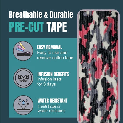 Heali Kinesiology Tape with Magnesium and Menthol, 20 Pcs Precut Strips, K Tape Roll, Knees, Sports Tape, Water Resistant - Eco - Pink Camo