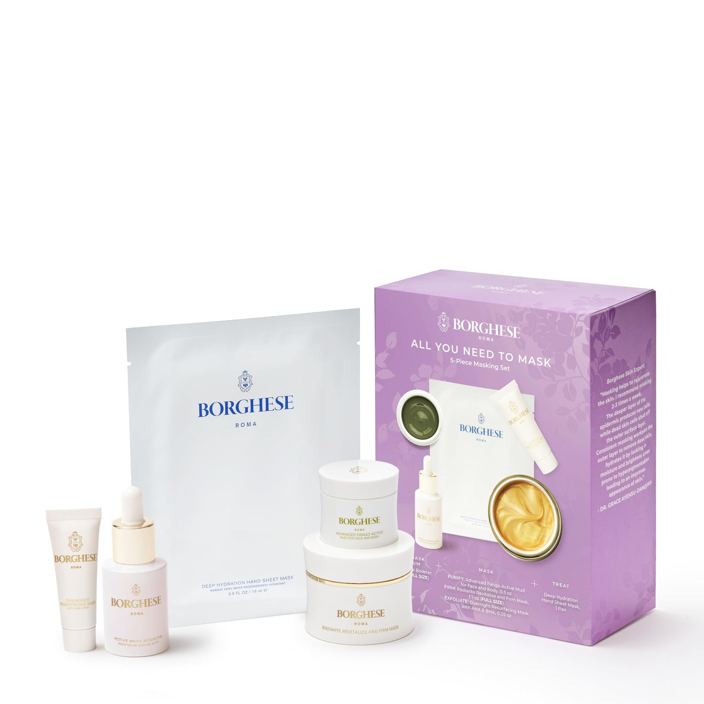 Borghese 5-Piece All You Need to Mask Gift Set - Includes Mask Booster Serum, Mud Mask, Firming Mask, AHA BHA Overnight Mask, & Hand Sheet Masks