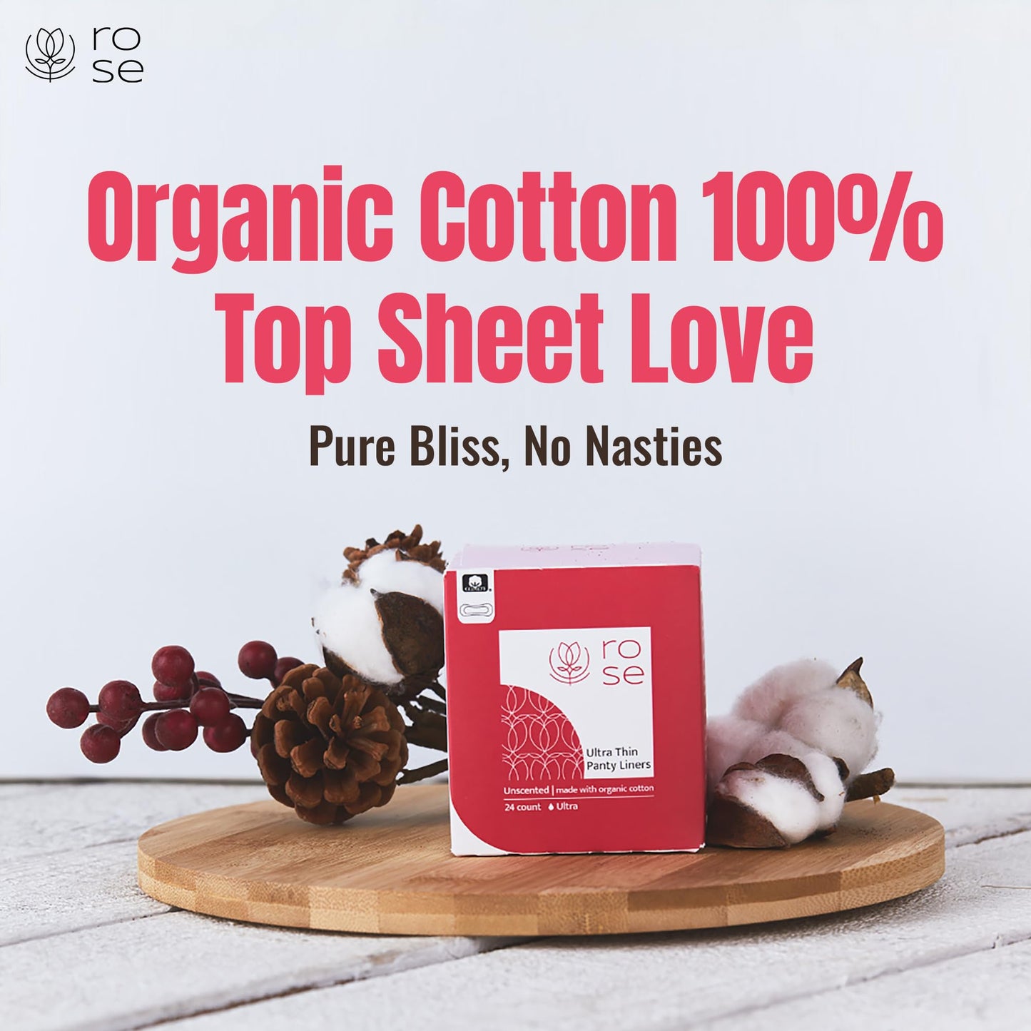 Rose Organic Panty Liners - Ultra Thin, Ultra Absorbent, Organic Cotton Topsheet, Unscented - 24 Count (Pack of 4)